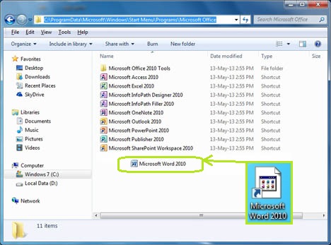 รูปแสดง Microsoft Office folder ใน Start Menu