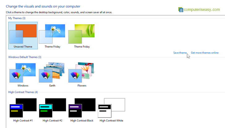 My Themes, Windows Default Themes, High Contrast Themes