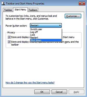 power button action in Windows 7